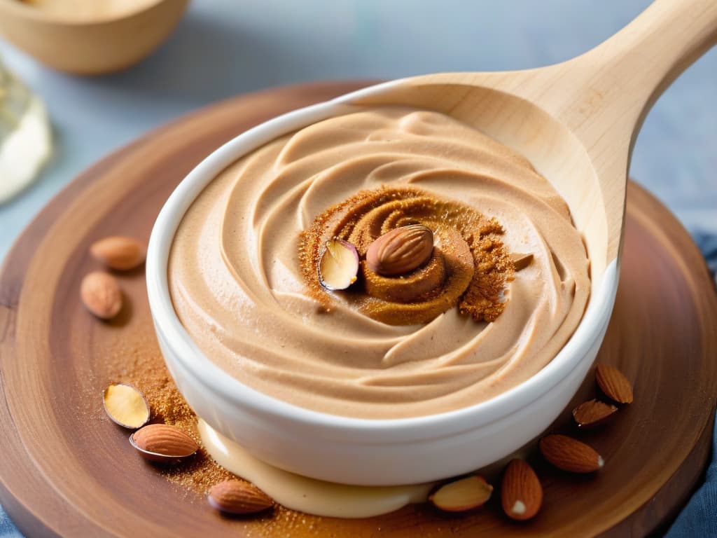  A closeup, ultradetailed image of a creamy swirl of almond butter on a wooden spoon, showcasing its smooth texture and rich, goldenbrown color. The light delicately reflects off the surface, highlighting the natural oils in the almond butter. The background is softly blurred, emphasizing the purity and simplicity of the ingredient. hyperrealistic, full body, detailed clothing, highly detailed, cinematic lighting, stunningly beautiful, intricate, sharp focus, f/1. 8, 85mm, (centered image composition), (professionally color graded), ((bright soft diffused light)), volumetric fog, trending on instagram, trending on tumblr, HDR 4K, 8K