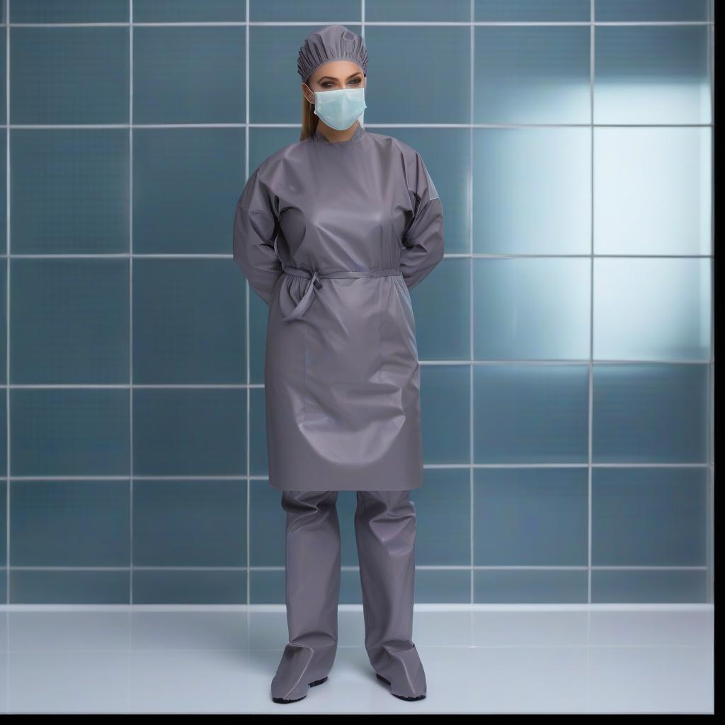  "(Highly detailed: 1.2), (lone female surgeon standing: 1.1) in (glossy latex: 1.2) (dark green: 1.1) and (dark blue: 1.1), (full length: 1.2), (front view: 1.2), (full face:1.2), • Surgical outfit: (Glossy Straight Fit Latex Surgical Gown: 1.1), (Fit Size: 1.1), (Knee Length: 1.2), (Closed Collar: 1.1), (No Pockets: 1.1), (elastic waistband: 1.1), (long sleeves: 1.1), (elastic cuffs: 1.1), (glossy shower cap with elastic ribbon: 1.1, (surgical mask with glossy ribbon ties: 1.2), (ankle length surgical trousers in glossy latex: 1.1), (shoe covers: 1.1) (knee high: 1.1) or (boot style: 1.1), (long surgical gloves: 1.1). • two color surgical gown: (The gown is worn backwards, fastened at the back, tied at the neck and waist) (The dress i hyperrealistic, full body, detailed clothing, highly detailed, cinematic lighting, stunningly beautiful, intricate, sharp focus, f/1. 8, 85mm, (centered image composition), (professionally color graded), ((bright soft diffused light)), volumetric fog, trending on instagram, trending on tumblr, HDR 4K, 8K