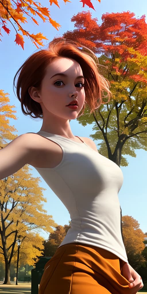   raised her top, shows s, autumn, in the park