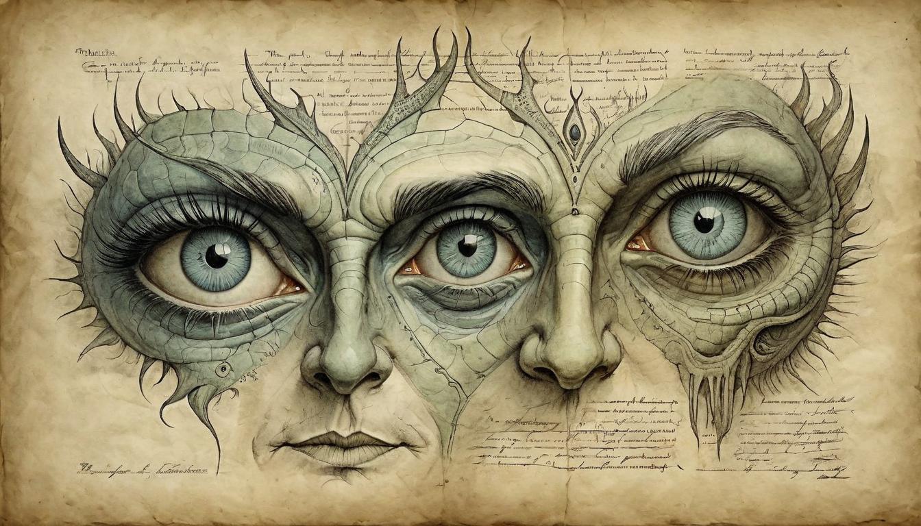  on parchment, surrealism+++, Close up on facial features, eyes and veins highlighted, sense of duality in expression, human and reptilian(mysterious, provocative, symbolic,muted color)+++