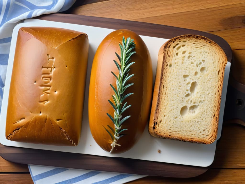  A photorealistic closeup image of two freshly baked loaves of bread side by side, one made with masa madre (sourdough starter) and the other with commercial yeast. The bread with masa madre has a rustic, uneven crust with visible air pockets, while the commercial yeast bread has a smoother crust and a more uniform crumb structure. The goldenbrown loaves are artfully placed on a wooden cutting board, surrounded by scattered grains of wheat and sprigs of rosemary, evoking a sense of artisanal craftsmanship and natural ingredients. hyperrealistic, full body, detailed clothing, highly detailed, cinematic lighting, stunningly beautiful, intricate, sharp focus, f/1. 8, 85mm, (centered image composition), (professionally color graded), ((bright soft diffused light)), volumetric fog, trending on instagram, trending on tumblr, HDR 4K, 8K