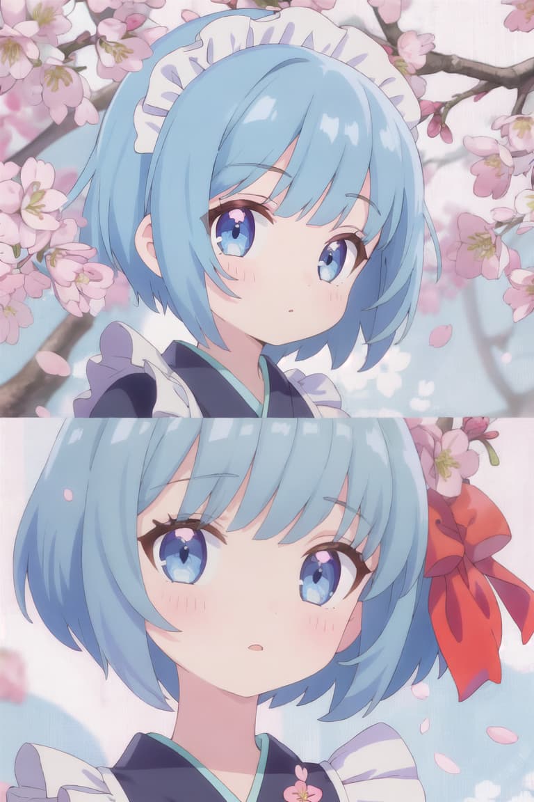  master piece , best quality,Girl, fluffy short cut, fluffy, cute, light blue hair color, cherry blossom pattern maid kimono, short bangs, bangs parted diagonally, face facing front, bust close up