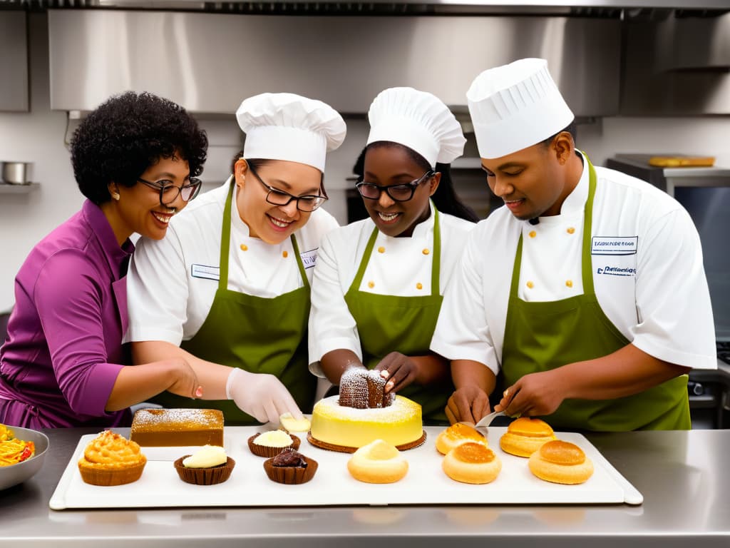  A closeup, ultradetailed image of a diverse group of individuals with varying disabilities and abilities working together in a brightly lit, modern kitchen setting. The focus is on their hands as they collaborate on creating intricate pastries and desserts, showcasing teamwork, inclusivity, and the joy of learning and creating together. hyperrealistic, full body, detailed clothing, highly detailed, cinematic lighting, stunningly beautiful, intricate, sharp focus, f/1. 8, 85mm, (centered image composition), (professionally color graded), ((bright soft diffused light)), volumetric fog, trending on instagram, trending on tumblr, HDR 4K, 8K