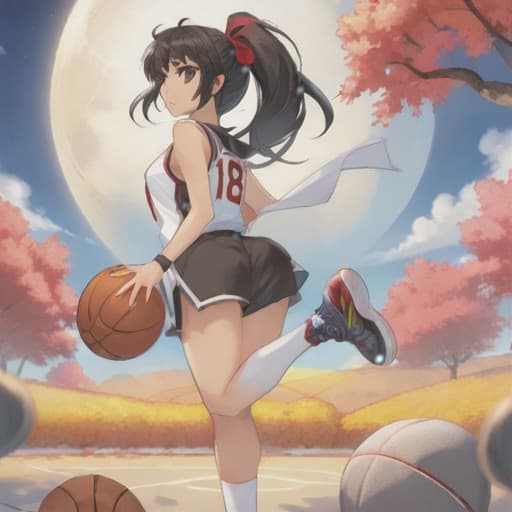  anime girl black hair bright dark brown eyes red and white basketball uniform with the number 18 and the name Nicky white and black shoes Have your hair in a medium high ponytail with two strands on the sides of your ears, have a basketball and look full body Pastel Palette, Da Vinci's Dreams, Picasso's , Sunrise Splendors, Floral Fantasy, Mystical Moonscapes, Urban Nature, Crystal Clear, Cinematic hyperrealistic, full body, detailed clothing, highly detailed, cinematic lighting, stunningly beautiful, intricate, sharp focus, f/1. 8, 85mm, (centered image composition), (professionally color graded), ((bright soft diffused light)), volumetric fog, trending on instagram, trending on tumblr, HDR 4K, 8K