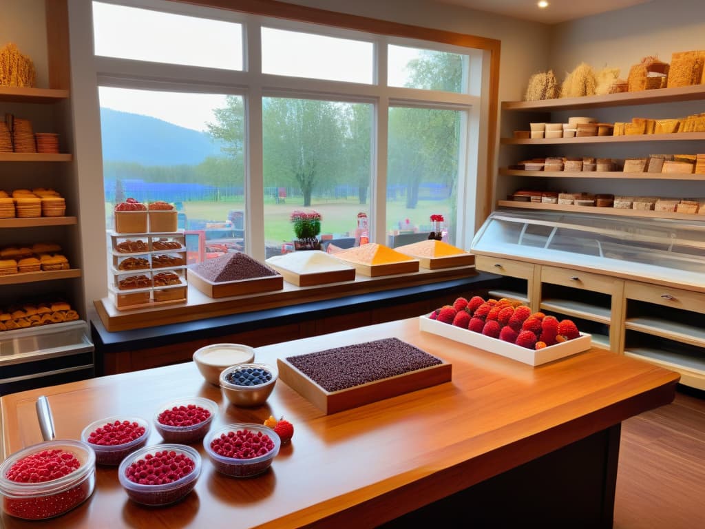  An ultradetailed photorealistic image of a whimsical bakery workshop set up for a seasonal themed baking class. The scene includes a long wooden table adorned with an array of colorful baking ingredients and tools like sprinkles, frosting bags, cookie cutters, and seasonal fruits like strawberries and blueberries. In the background, shelves are filled with jars of various candies and toppings, while a large window lets in soft natural light, illuminating the room and creating a warm, inviting atmosphere for creativity and learning. hyperrealistic, full body, detailed clothing, highly detailed, cinematic lighting, stunningly beautiful, intricate, sharp focus, f/1. 8, 85mm, (centered image composition), (professionally color graded), ((bright soft diffused light)), volumetric fog, trending on instagram, trending on tumblr, HDR 4K, 8K