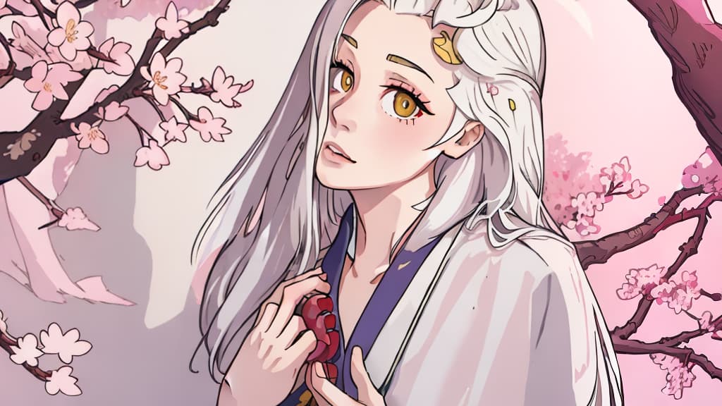  masterpiece, best quality, 1girl, yellow eyes, long hair, white hair, tree, stairs, standing, kimono, sky, cherry blossoms, temple, looking at viewer, upper body, from below, looking back,