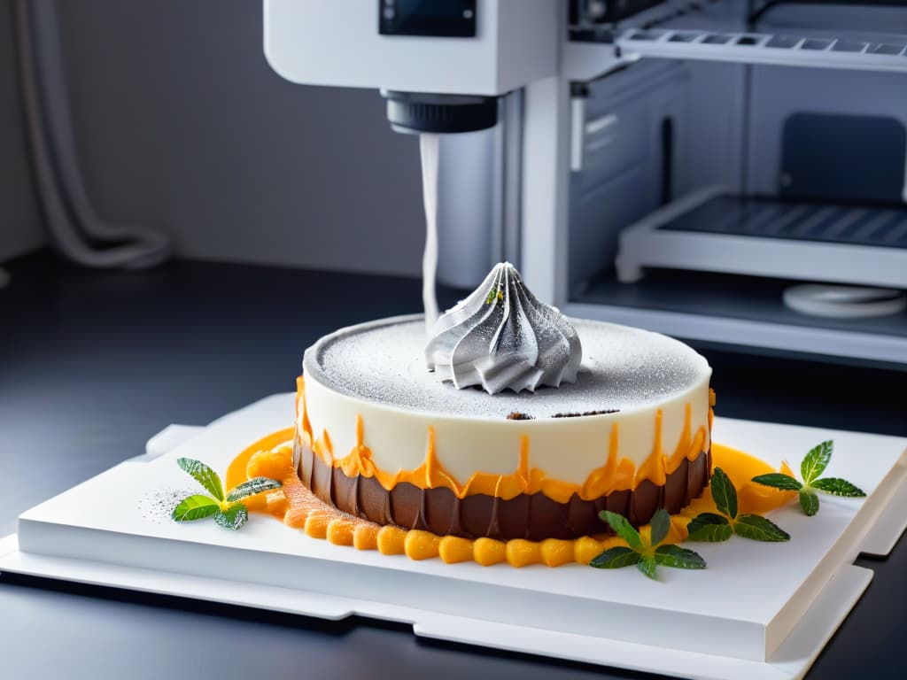  A closeup, ultradetailed image of a sleek, modern 3D printer in action, meticulously crafting an intricate and delicate dessert design. The focus is on the precise layers being laid down, showcasing the advanced technology and precision involved in 3D printing delectable desserts. The color scheme is a sophisticated blend of silver and white, emphasizing the professional and cuttingedge nature of this innovative culinary process. hyperrealistic, full body, detailed clothing, highly detailed, cinematic lighting, stunningly beautiful, intricate, sharp focus, f/1. 8, 85mm, (centered image composition), (professionally color graded), ((bright soft diffused light)), volumetric fog, trending on instagram, trending on tumblr, HDR 4K, 8K