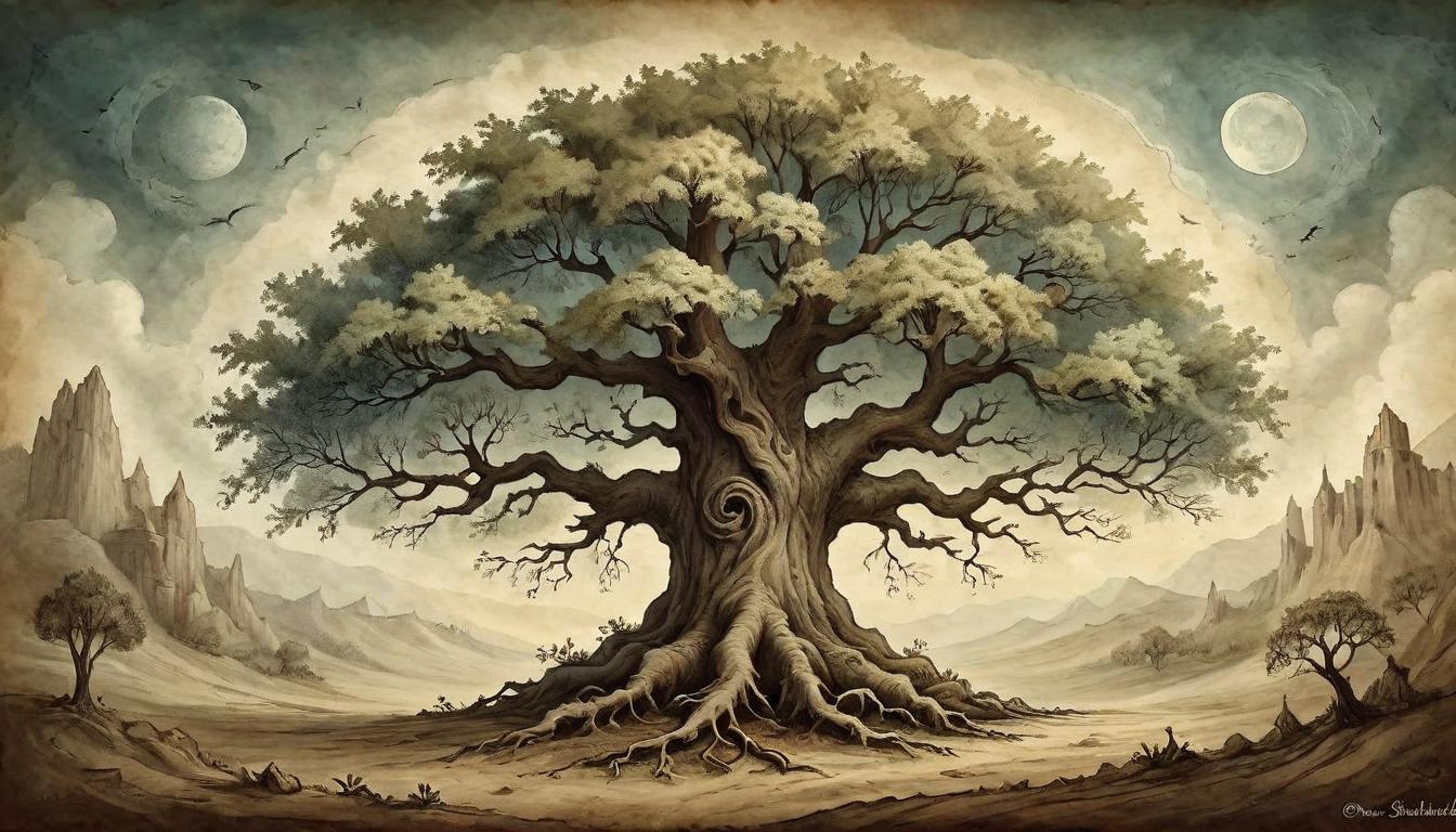  on parchment, surrealism+++, A majestic tree with robust, sturdy roots breaking through the earth, symbolizing stability, grounding, resilient(mysterious, provocative, symbolic,muted color)+++