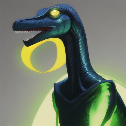  long necked reptile alien, wearing a large choker collar that is glowing mixed colors of yellow and blue