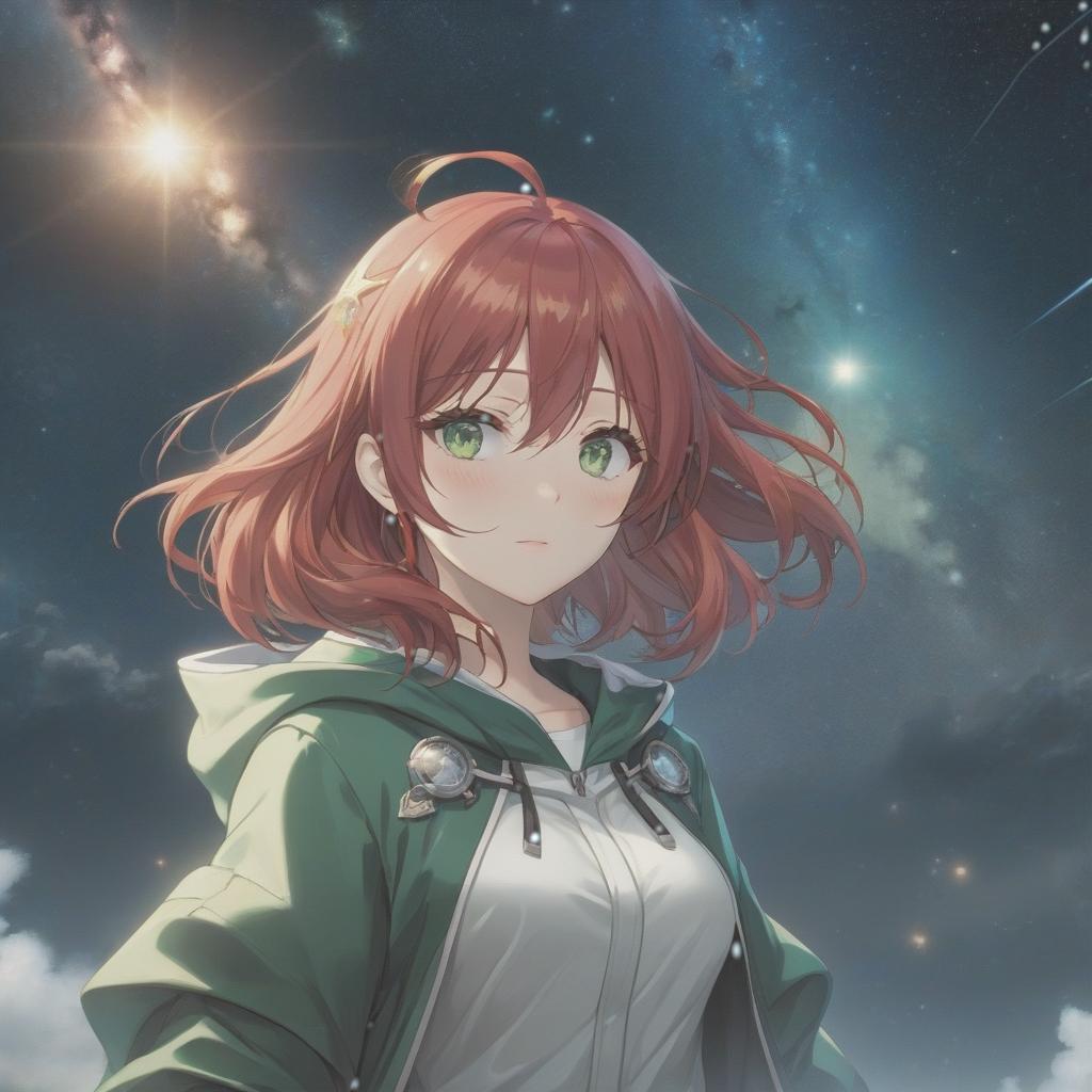  a woman with red hair and green eyes, night time with starry sky, zine cover, very sad emotion, merged character, some chaotic sparkles, little girl, chise hatori, standing here, other worldly, gentle, pv, leviathan, cover hyperrealistic, full body, detailed clothing, highly detailed, cinematic lighting, stunningly beautiful, intricate, sharp focus, f/1. 8, 85mm, (centered image composition), (professionally color graded), ((bright soft diffused light)), volumetric fog, trending on instagram, trending on tumblr, HDR 4K, 8K