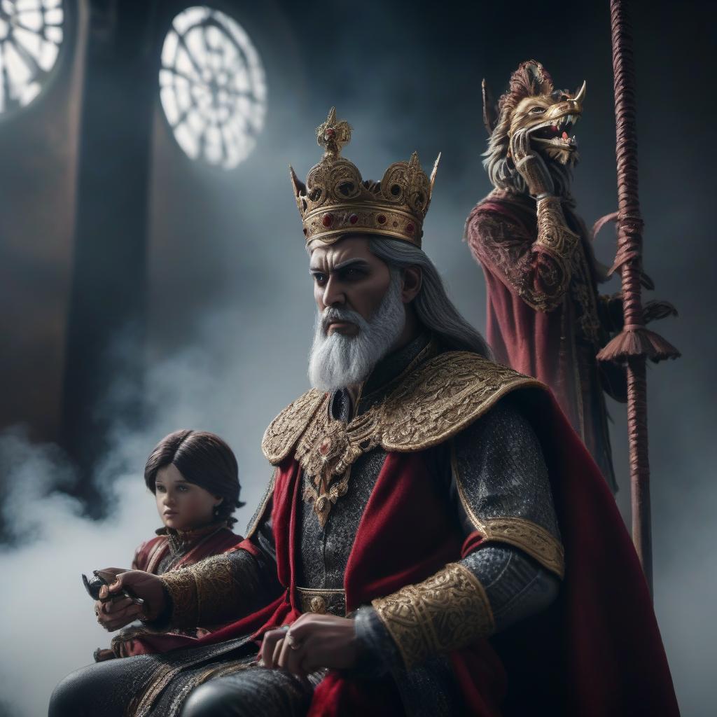  An evil king manipulating puppets. hyperrealistic, full body, detailed clothing, highly detailed, cinematic lighting, stunningly beautiful, intricate, sharp focus, f/1. 8, 85mm, (centered image composition), (professionally color graded), ((bright soft diffused light)), volumetric fog, trending on instagram, trending on tumblr, HDR 4K, 8K