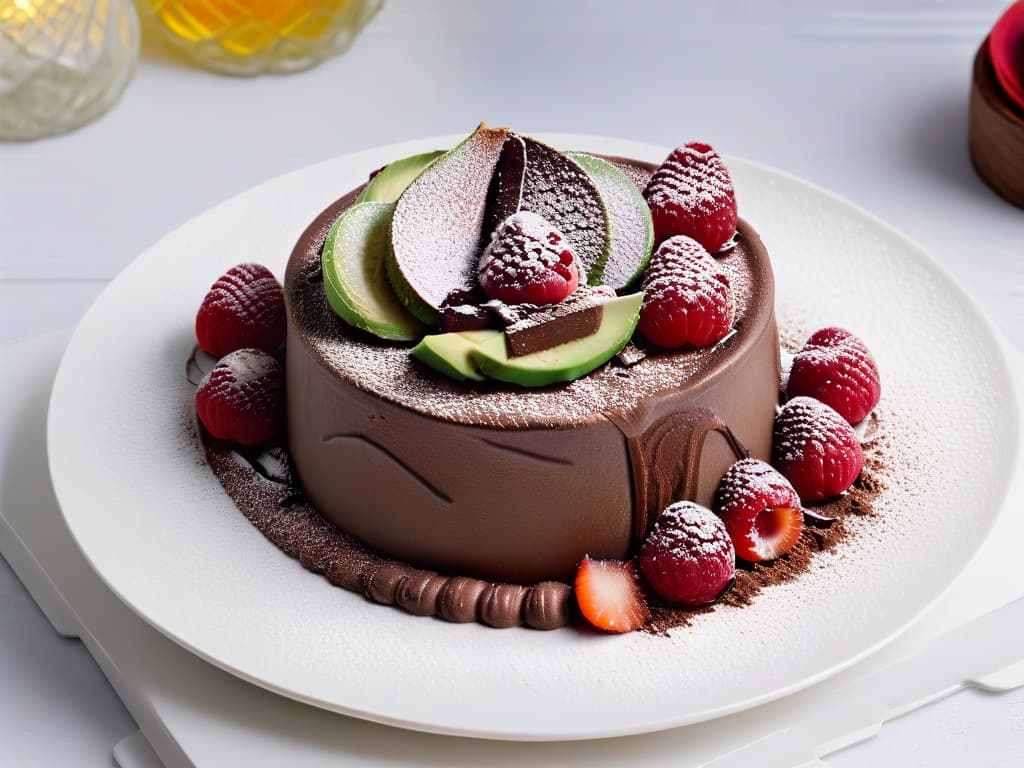  An ultradetailed photorealistic image of a decadent chocolate avocado mousse topped with fresh raspberries and a dusting of cocoa powder. The mousse is perfectly smooth and glossy, with intricate details showing the creamy texture and rich chocolate color. The raspberries are plump and vibrant, adding a pop of color to the dessert. The image is captured from a slightly elevated angle, showcasing the layers of the dessert in a visually appealing way. hyperrealistic, full body, detailed clothing, highly detailed, cinematic lighting, stunningly beautiful, intricate, sharp focus, f/1. 8, 85mm, (centered image composition), (professionally color graded), ((bright soft diffused light)), volumetric fog, trending on instagram, trending on tumblr, HDR 4K, 8K