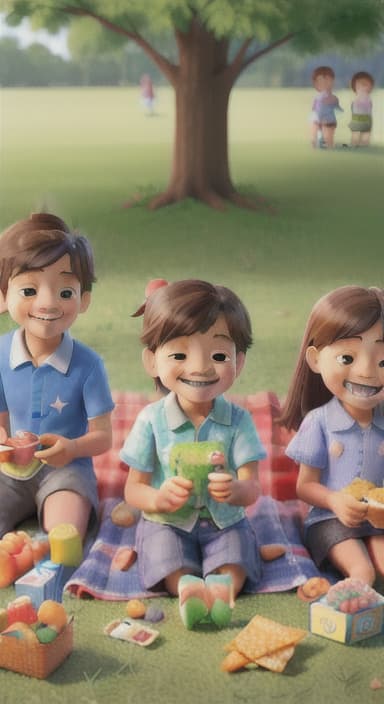  {Kids sitting around a picnic blanket, enjoying juice boxes and snacks., Children happily eating snacks, with crumbs on their faces and big smiles.