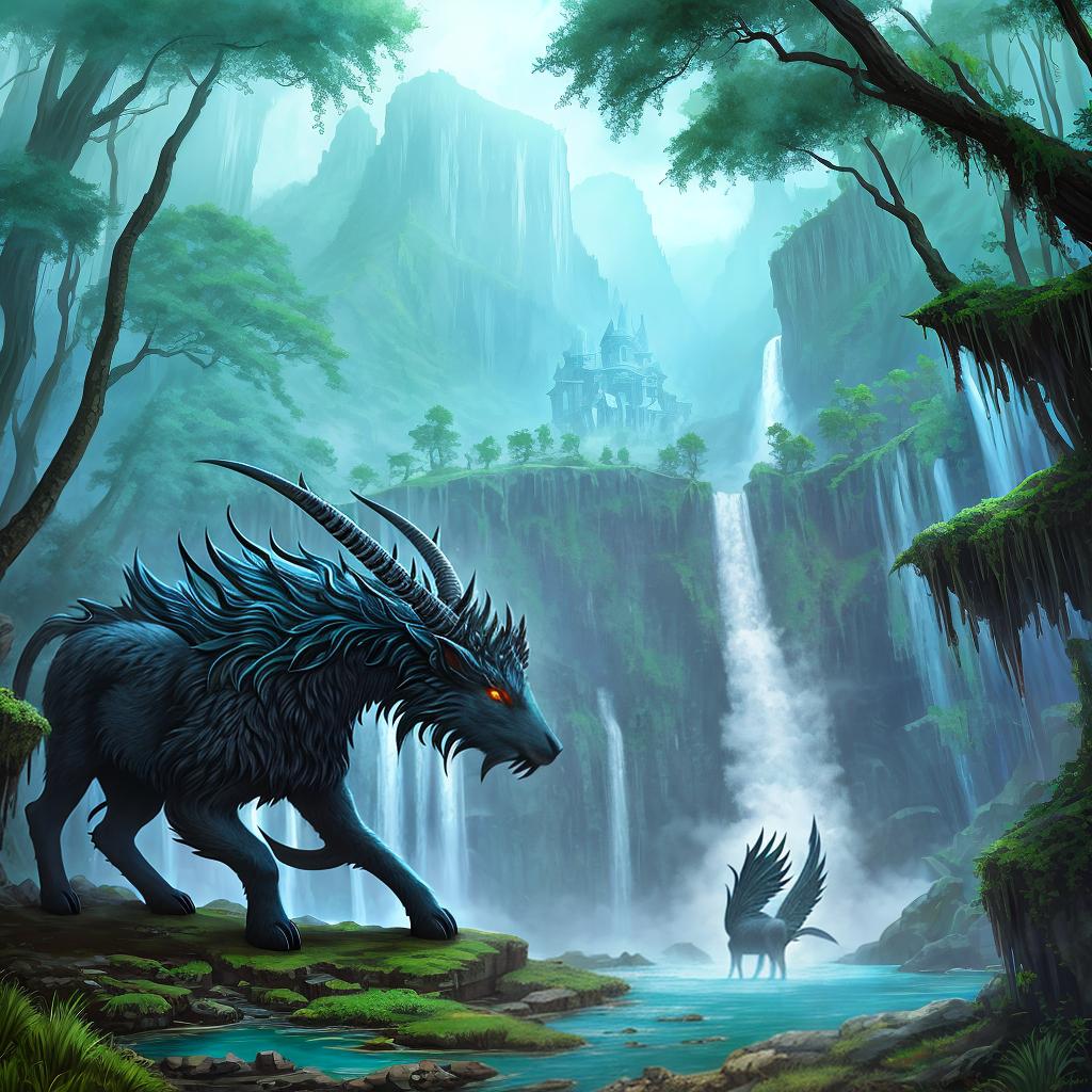  in a fantasy setting, Paint a surreal landscape where mythical beasts roam amidst cascading waterfalls.