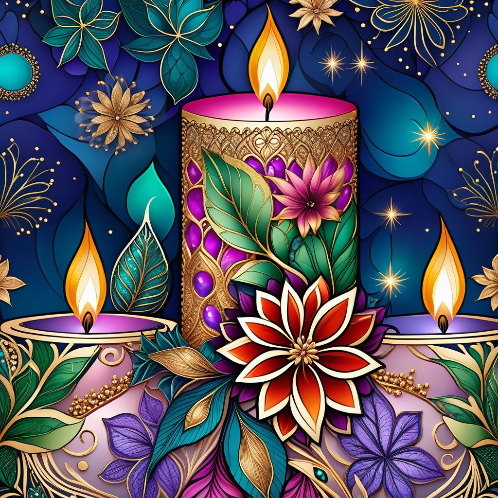  zentangle (Background):Dark blue night sky. In the sky turquoise golden stars and emerald fireworks. There are three candles on the background of the night sky. In the centre one is tall, on the sides wide and lower. (First candle decor)::pink framed with gold patterns and swirls of drops. In the middle of the candle is a flower bud and stem with emerald coloured leaves. Under the flower the candle is tied with a ribbon of blue blue colour. (Second and third candle decor):purple colour, framed with golden drops. In the middle is a purple coloured flower bud and stems with emerald coloured leaves. Zentangle have the signature uneven edge and rounded corners. The original tiles are in the form of geometric shapes: square, triangle, rectangle  hyperrealistic, full body, detailed clothing, highly detailed, cinematic lighting, stunningly beautiful, intricate, sharp focus, f/1. 8, 85mm, (centered image composition), (professionally color graded), ((bright soft diffused light)), volumetric fog, trending on instagram, trending on tumblr, HDR 4K, 8K