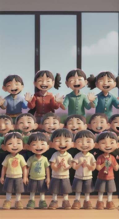  {A heartwarming scene of all the children waving goodbye with happy expressions., Children waving with wide smiles, looking grateful and content.