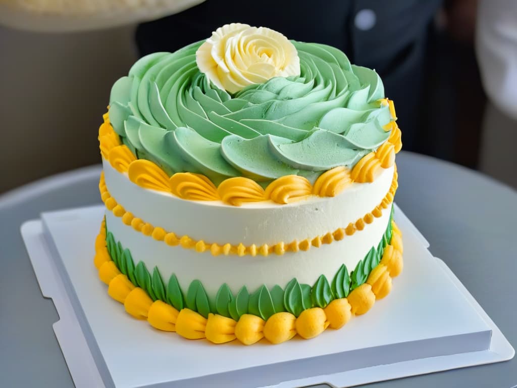  An ultradetailed closeup image of a chef meticulously piping delicate swirls of frosting onto a multilayered cake, showcasing precision and artistry in the world of professional baking competitions. hyperrealistic, full body, detailed clothing, highly detailed, cinematic lighting, stunningly beautiful, intricate, sharp focus, f/1. 8, 85mm, (centered image composition), (professionally color graded), ((bright soft diffused light)), volumetric fog, trending on instagram, trending on tumblr, HDR 4K, 8K