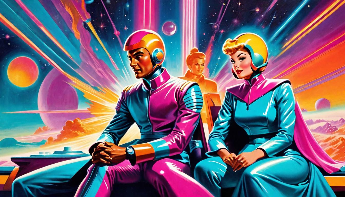  retro futuristic Two figures seated opposite each other, a vibrant exchange of vibrant, glowing energy between them, symbolizing growth and understanding, space around them vibrant and alive, energy palpable and transformative. lvintage sci fi, 50s and 60s style, atomic age, vibrant, highly detailed