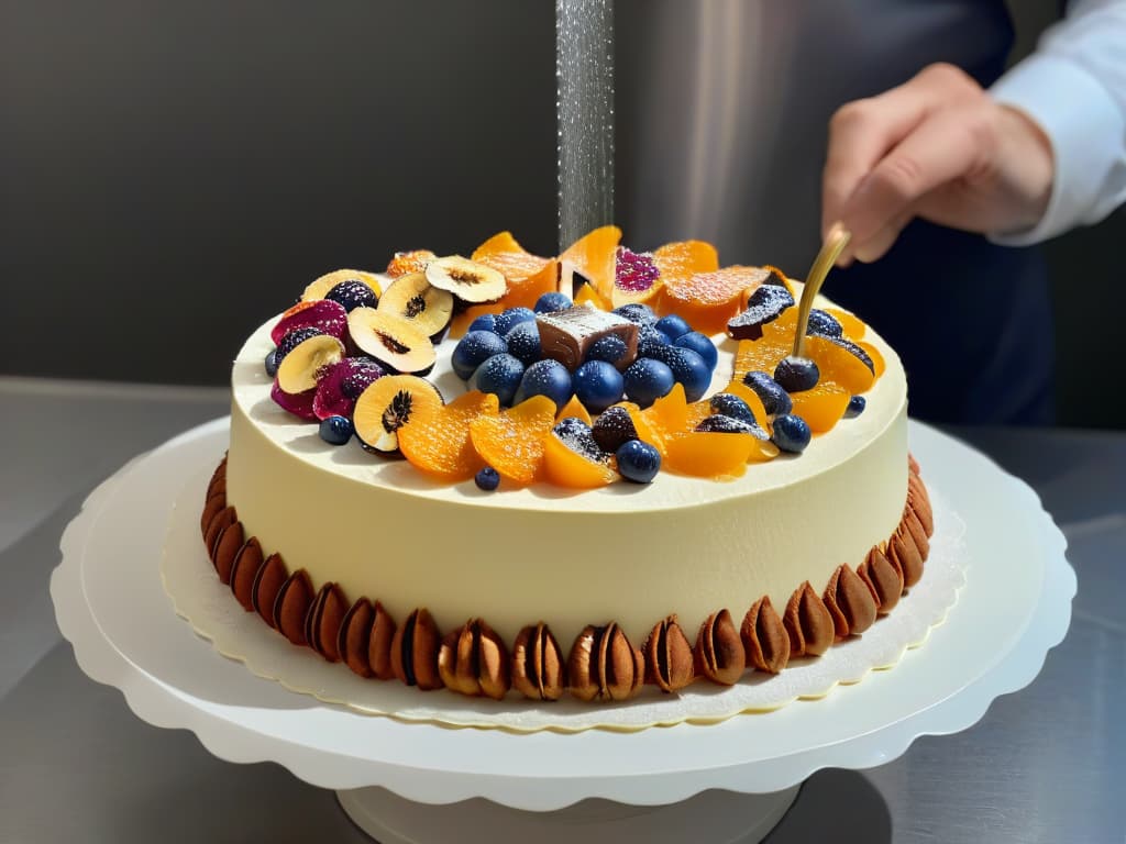  A photorealistic image of an elegant, professional pastry chef meticulously decorating a luxurious cake with an assortment of premium nuts and dried fruits. The chef is focused and precise, with a backdrop of a sophisticated bakery kitchen filled with highend baking tools and ingredients. The image captures the essence of using luxury nuts in pastry making, showcasing skill and artistry in the world of gourmet baking. hyperrealistic, full body, detailed clothing, highly detailed, cinematic lighting, stunningly beautiful, intricate, sharp focus, f/1. 8, 85mm, (centered image composition), (professionally color graded), ((bright soft diffused light)), volumetric fog, trending on instagram, trending on tumblr, HDR 4K, 8K