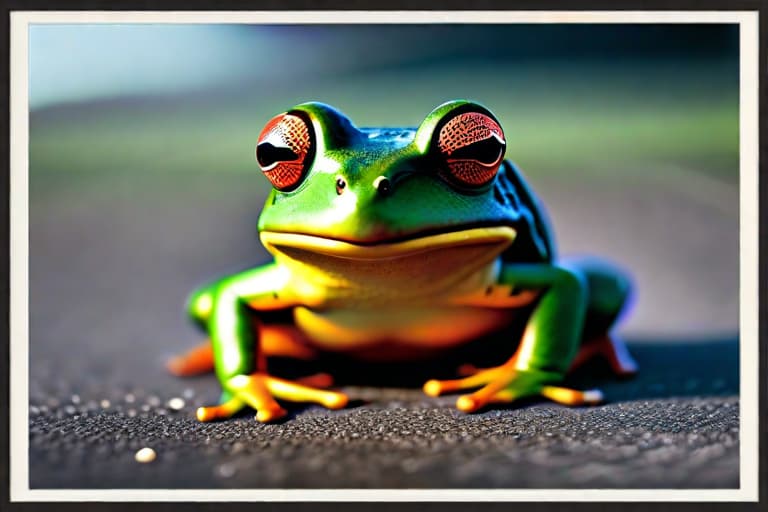  My husband rides a frog hyperrealistic, full body, detailed clothing, highly detailed, cinematic lighting, stunningly beautiful, intricate, sharp focus, f/1. 8, 85mm, (centered image composition), (professionally color graded), ((bright soft diffused light)), volumetric fog, trending on instagram, trending on tumblr, HDR 4K, 8K