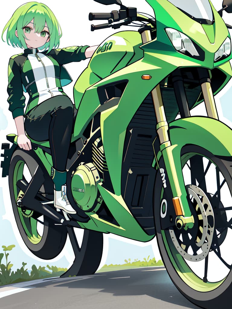  Motorcycle green hair character, masterpiece, best quality,8k,ultra detailed,high resolution,an extremely delicate and beautiful,hyper detail