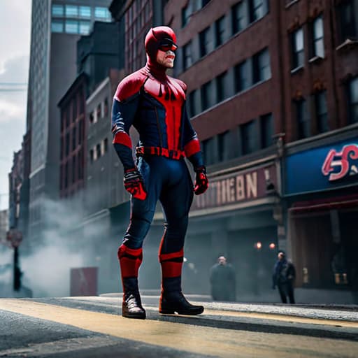  Daredevil stood high, behind him, looking down. hyperrealistic, full body, detailed clothing, highly detailed, cinematic lighting, stunningly beautiful, intricate, sharp focus, f/1. 8, 85mm, (centered image composition), (professionally color graded), ((bright soft diffused light)), volumetric fog, trending on instagram, trending on tumblr, HDR 4K, 8K