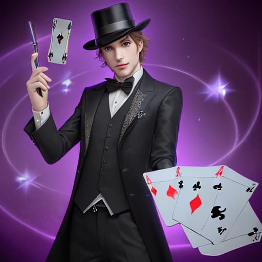  an illusionist in a hat, with a magic wand and cards