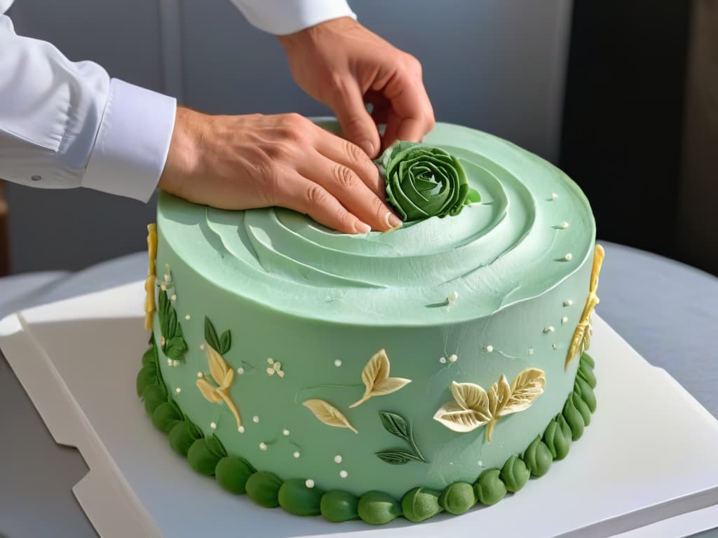  A closeup, ultradetailed image of a baker's hands meticulously piping intricate designs on a beautifully crafted cake. The hands are steady, showcasing precision and expertise as they create delicate swirls and patterns with vibrant icing. The background is blurred, emphasizing the artistry and skill of the baker, with soft natural light casting a gentle glow on the scene. hyperrealistic, full body, detailed clothing, highly detailed, cinematic lighting, stunningly beautiful, intricate, sharp focus, f/1. 8, 85mm, (centered image composition), (professionally color graded), ((bright soft diffused light)), volumetric fog, trending on instagram, trending on tumblr, HDR 4K, 8K