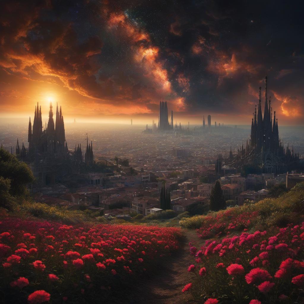  (stylized by Tomasz Alen Kopera:1.3) , dark art, dense flower field and Perseid meteor in background, landscape of a (Barcelona:1.2) , very Bizarre and 1600'S, Hurricane, Glitchcore, Amaro, layered textures, ornate, intricate artistic color, complimentary colors, very inspirational, atmosphere, fine artistic composition, sunny, theatrical hyperrealistic, full body, detailed clothing, highly detailed, cinematic lighting, stunningly beautiful, intricate, sharp focus, f/1. 8, 85mm, (centered image composition), (professionally color graded), ((bright soft diffused light)), volumetric fog, trending on instagram, trending on tumblr, HDR 4K, 8K