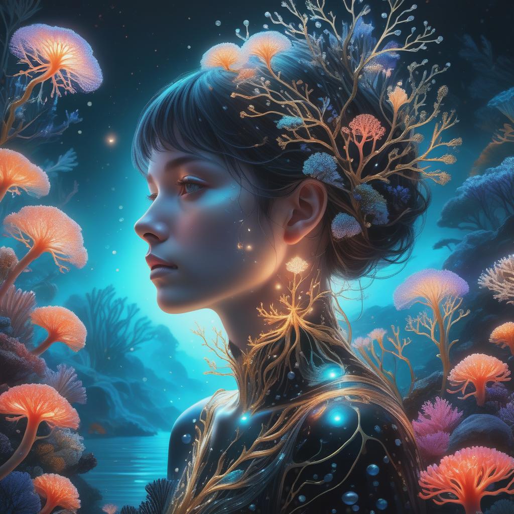  photo RAW,HD,8K, (Ultra detailed illustration of a person lost in a magical world of wonders, glowy, bioluminescent flora, incredibly detailed, pastel colors, art by Mschiffer, night, bioluminescence, ultrarealistic, hyperrealistice, hyperdetailed: shiny aura, highly detailed, black pearls, gold and coral filigree, intricate motifs, organic tracery, Kiernan Shipka, Januz Miralles, Hikari Shimoda, glowing stardust by W. Zelmer, perfect composition, smooth, sharp focus, sparkling particles, lively coral reef colored background Realistic, realism, hd, 35mm photograph, 8k), masterpiece, award winning photography, natural light, perfect composition, high detail, hyper realistic, add depth, water background, detailed eyes, (Hyperdetailed,hyper re hyperrealistic, full body, detailed clothing, highly detailed, cinematic lighting, stunningly beautiful, intricate, sharp focus, f/1. 8, 85mm, (centered image composition), (professionally color graded), ((bright soft diffused light)), volumetric fog, trending on instagram, trending on tumblr, HDR 4K, 8K
