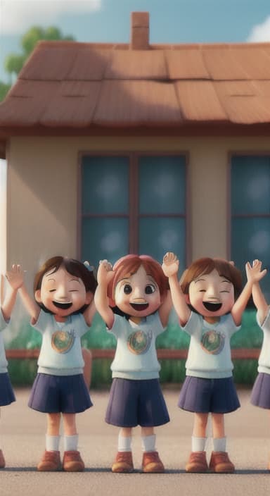  {A heartwarming scene of all the children waving goodbye with happy expressions., Children waving with wide smiles, looking grateful and content.