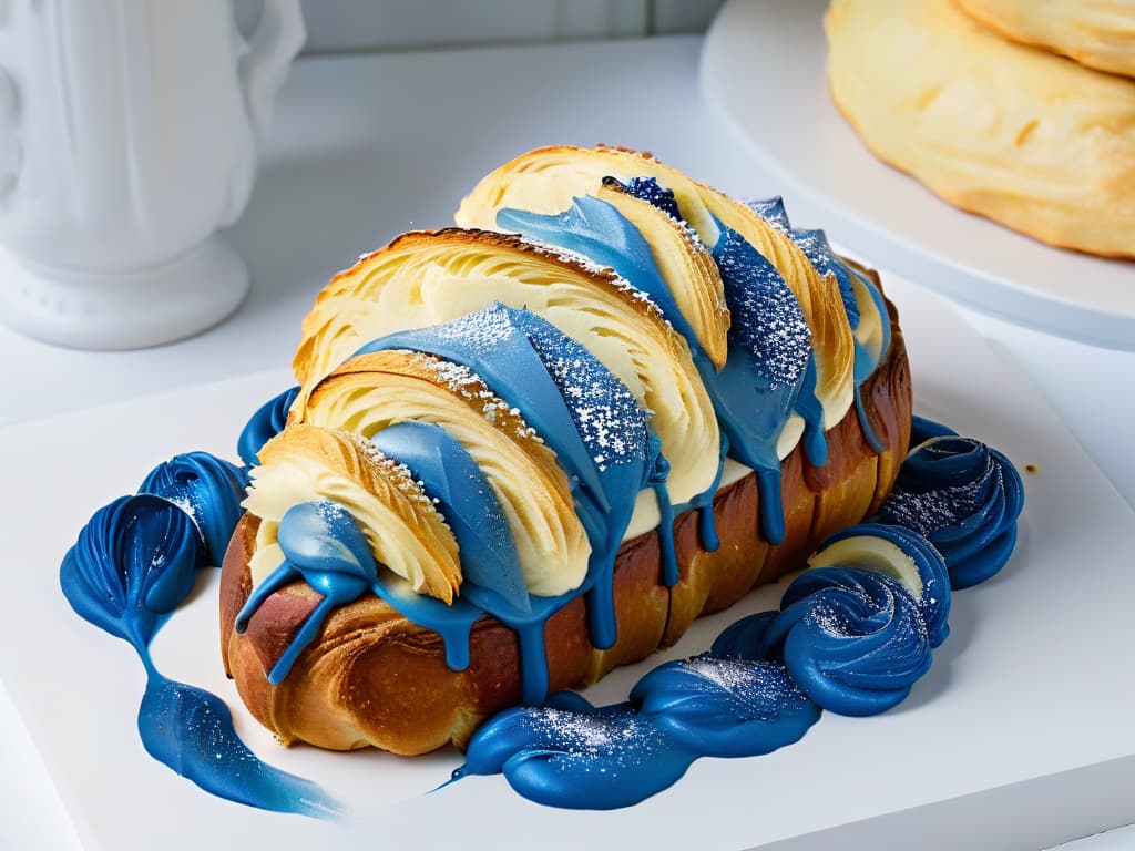  An ultradetailed rendering of a delicately crafted almond croissant, adorned with vibrant swirls of blue and yellow icing that mimic Van Gogh's iconic Starry Night masterpiece. The golden flaky layers of the croissant glisten under a soft light, while the rich hues of the icing seem to swirl and dance across the pastry, evoking a sense of artistic inspiration and culinary delight. hyperrealistic, full body, detailed clothing, highly detailed, cinematic lighting, stunningly beautiful, intricate, sharp focus, f/1. 8, 85mm, (centered image composition), (professionally color graded), ((bright soft diffused light)), volumetric fog, trending on instagram, trending on tumblr, HDR 4K, 8K