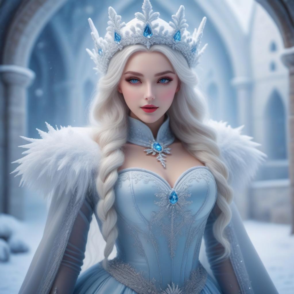  Tender Snow Queen Girl in a snowy luminous castle.Realism hyperrealistic, full body, detailed clothing, highly detailed, cinematic lighting, stunningly beautiful, intricate, sharp focus, f/1. 8, 85mm, (centered image composition), (professionally color graded), ((bright soft diffused light)), volumetric fog, trending on instagram, trending on tumblr, HDR 4K, 8K