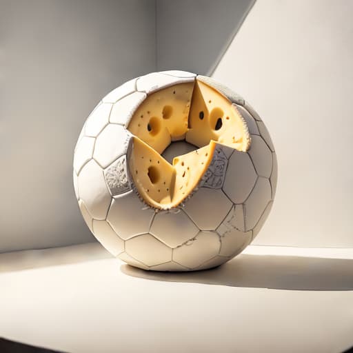  Raw photograph of a large wheel of cheese (shaped like a soccer ball), with intricate details and textures, against a plain white background, in natural lighting with minimal post processing. style RAW, best quality, masterpiece