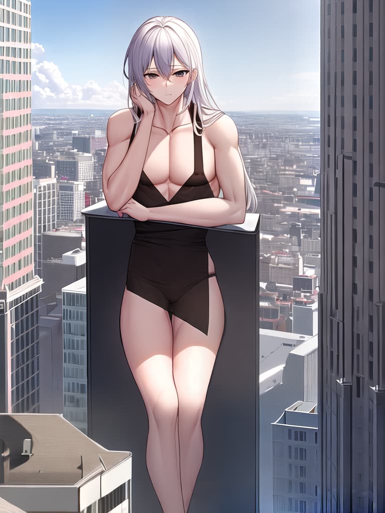  (NSFW) A giant, skinny, naked man sits on a building in a city with tiny people looking at him best quality 8K stunningly beautiful bright soft diffused light