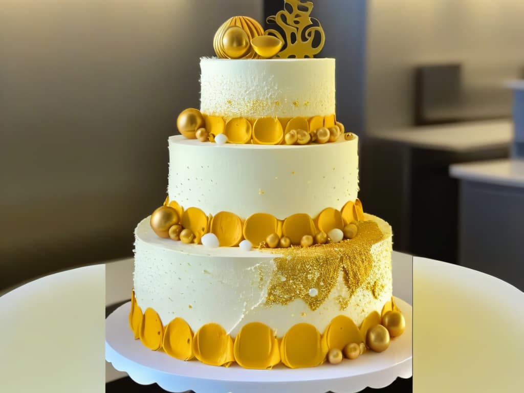  An ultradetailed closeup image of a perfectly baked, intricately designed tiered cake, showcasing flawless layers of sponge, delicate icing decorations, and shimmering edible gold leaf accents. The cake is elegantly displayed on a sleek, modern cake stand against a soft, blurred background to emphasize the meticulous craftsmanship and artistry of the pastry chef. hyperrealistic, full body, detailed clothing, highly detailed, cinematic lighting, stunningly beautiful, intricate, sharp focus, f/1. 8, 85mm, (centered image composition), (professionally color graded), ((bright soft diffused light)), volumetric fog, trending on instagram, trending on tumblr, HDR 4K, 8K