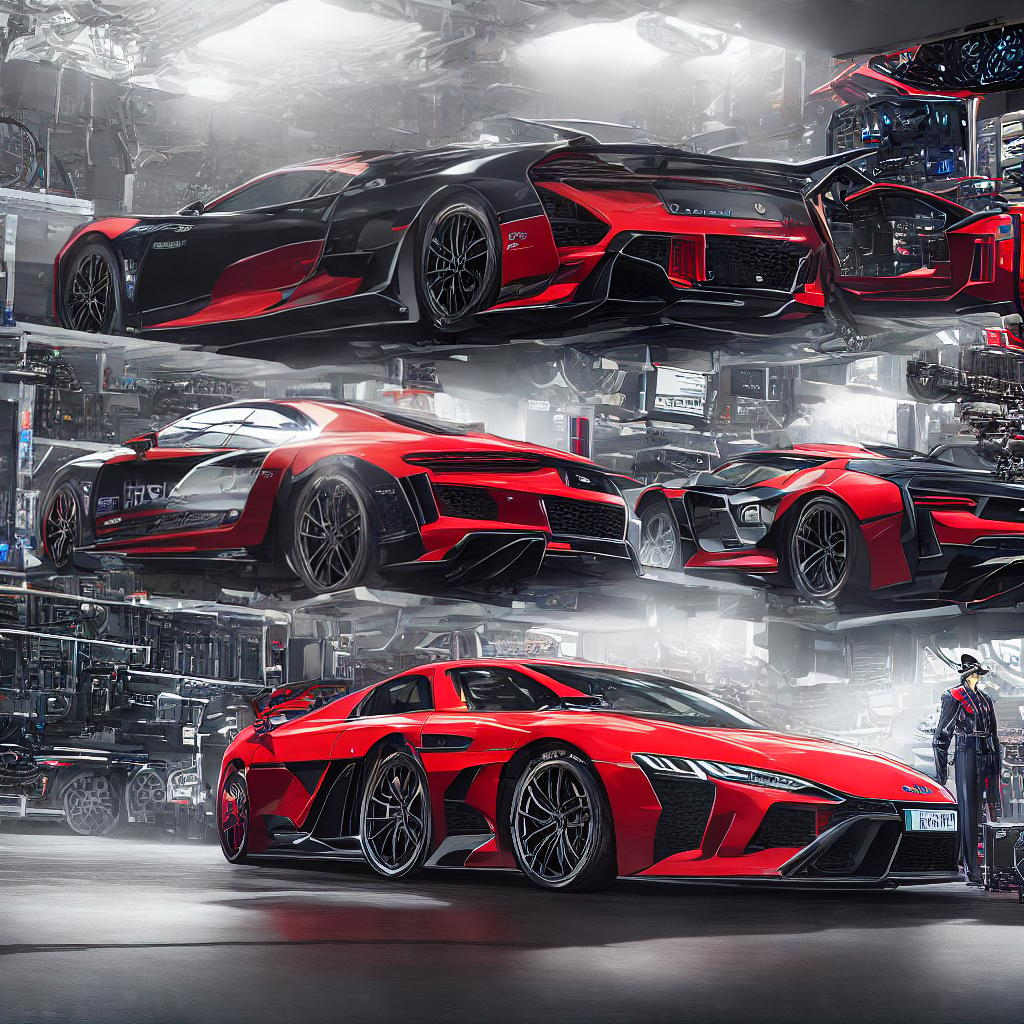 ((Masterpiece)), (((best quality))), 8k, high detailed, ultra-detailed. A cartoon boy standing next to an AUDI R8 in a futuristic garage. The boy wearing a red baseball cap and holding a toolbox, ((reflective glass walls)) surrounding the garage, a ((hovering drone)) capturing the scene, (LED lights) illuminating the car and garage, futuristic touchscreens displaying car diagnostics and blueprints on the walls. hyperrealistic, full body, detailed clothing, highly detailed, cinematic lighting, stunningly beautiful, intricate, sharp focus, f/1. 8, 85mm, (centered image composition), (professionally color graded), ((bright soft diffused light)), volumetric fog, trending on instagram, trending on tumblr, HDR 4K, 8K