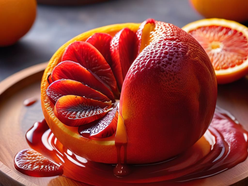  A closeup, photorealistic image of a vibrant orange blood orange sliced in half, showcasing its deep crimson flesh and juicy texture. The background is softly blurred to keep the focus on the intricate details of the fruit. The image exudes freshness and exoticism, perfect for capturing the essence of using exotic essences in pastry recipes. hyperrealistic, full body, detailed clothing, highly detailed, cinematic lighting, stunningly beautiful, intricate, sharp focus, f/1. 8, 85mm, (centered image composition), (professionally color graded), ((bright soft diffused light)), volumetric fog, trending on instagram, trending on tumblr, HDR 4K, 8K