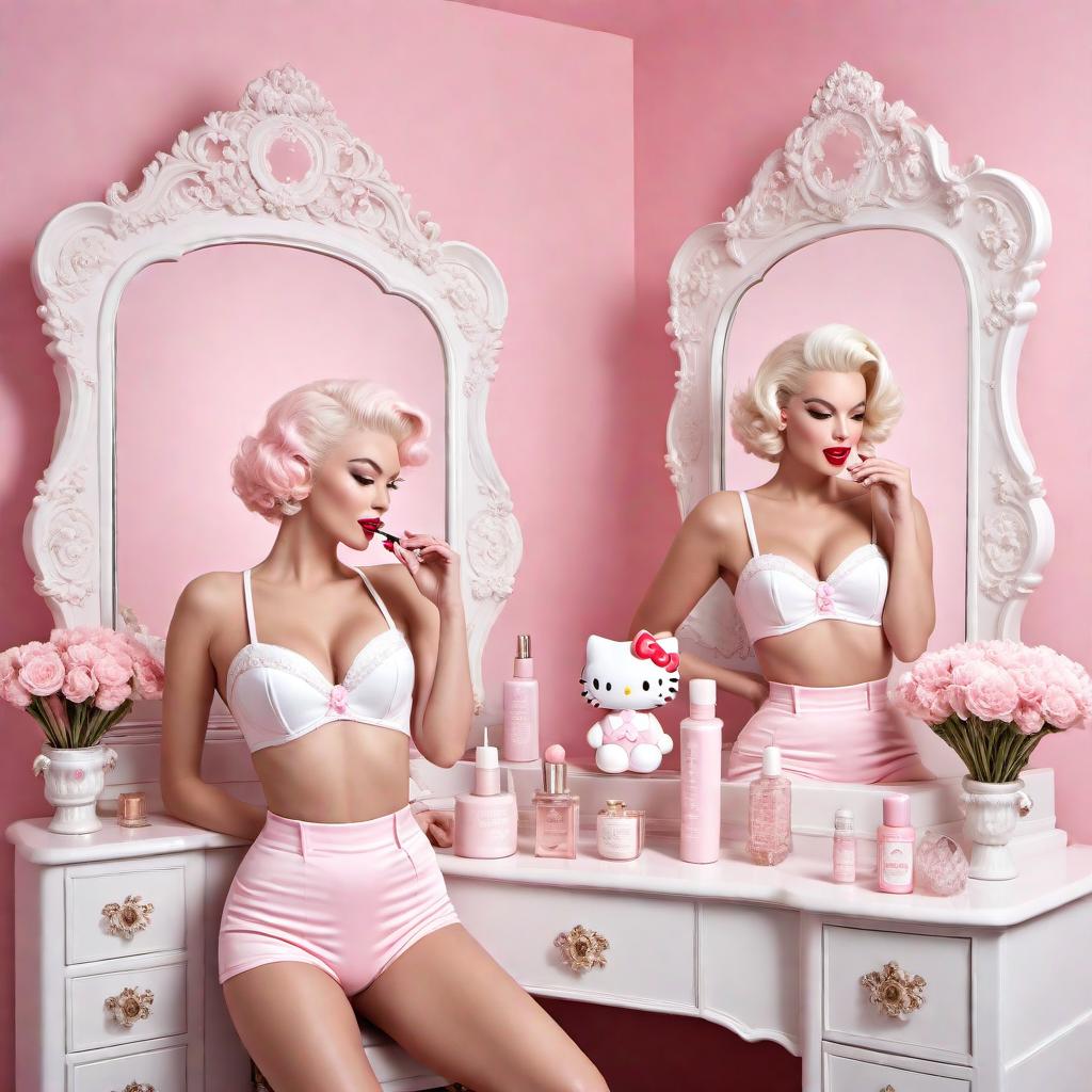  Hello Kitty and Marilyn Monroe sitting at a vanity in a soft pink room with a whimsical and girly atmosphere. They are cheerfully doing their makeup together. The room is filled with soft, cotton candy-like clouds and little cherubic angels are floating around, adding to the dreamy and sweet ambiance. The color palette should consist of soft pastels, emphasizing pinks and whites. hyperrealistic, full body, detailed clothing, highly detailed, cinematic lighting, stunningly beautiful, intricate, sharp focus, f/1. 8, 85mm, (centered image composition), (professionally color graded), ((bright soft diffused light)), volumetric fog, trending on instagram, trending on tumblr, HDR 4K, 8K