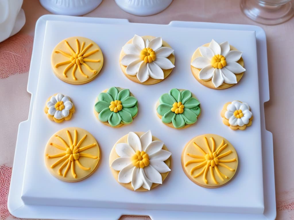  An image of intricately piped royal icing flowers and intricate lace designs on beautifully decorated sugar cookies, showcasing the advanced techniques of royal icing decoration. The cookies are arranged elegantly on a sleek, minimalist white platter, emphasizing the fine details and professional craftsmanship of the edible art. Each cookie is a miniature masterpiece, demonstrating the skill and creativity required to achieve such stunning results in the world of decorated cookies. hyperrealistic, full body, detailed clothing, highly detailed, cinematic lighting, stunningly beautiful, intricate, sharp focus, f/1. 8, 85mm, (centered image composition), (professionally color graded), ((bright soft diffused light)), volumetric fog, trending on instagram, trending on tumblr, HDR 4K, 8K