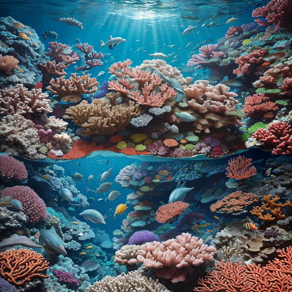  masterpiece, best quality, beautiful deep sea full of corals, diverse marine life and fascinating underwater landscapes with corals, appendages, small fish, anemones, dolphins, various algae, caves, colorful, 8k resolution and intricate detail