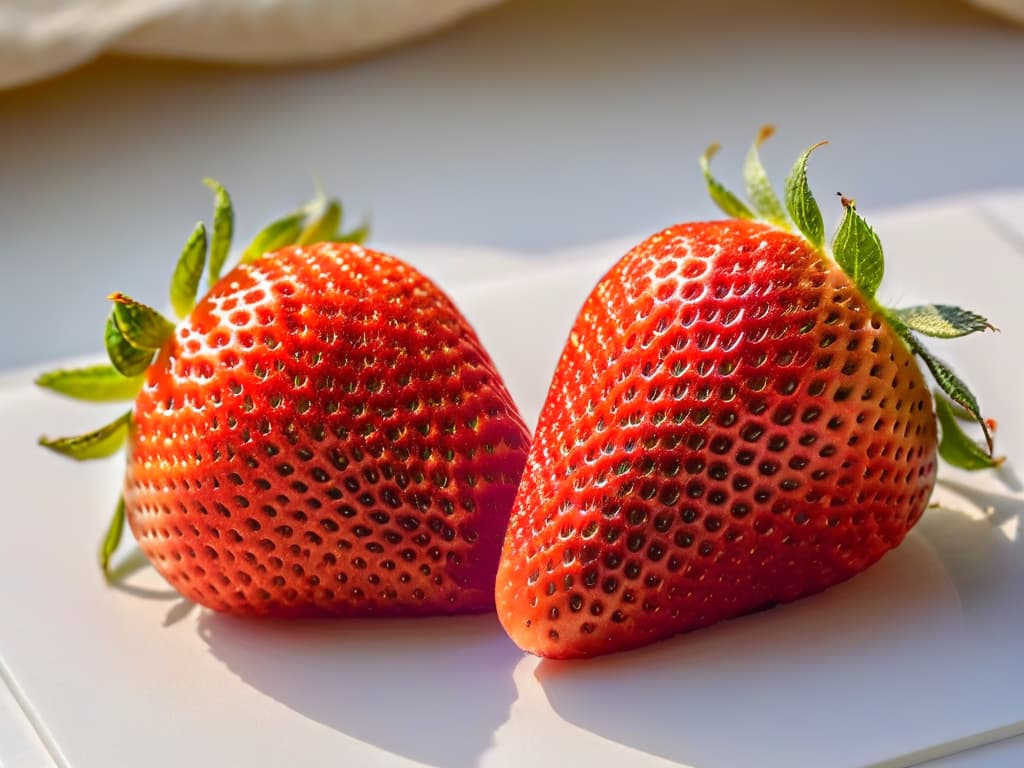  A closeup, ultradetailed image of a perfectly ripe strawberry sliced in half, showcasing its vibrant red color, glistening seeds, and intricate details of the fruit's texture against a simple, white background. hyperrealistic, full body, detailed clothing, highly detailed, cinematic lighting, stunningly beautiful, intricate, sharp focus, f/1. 8, 85mm, (centered image composition), (professionally color graded), ((bright soft diffused light)), volumetric fog, trending on instagram, trending on tumblr, HDR 4K, 8K