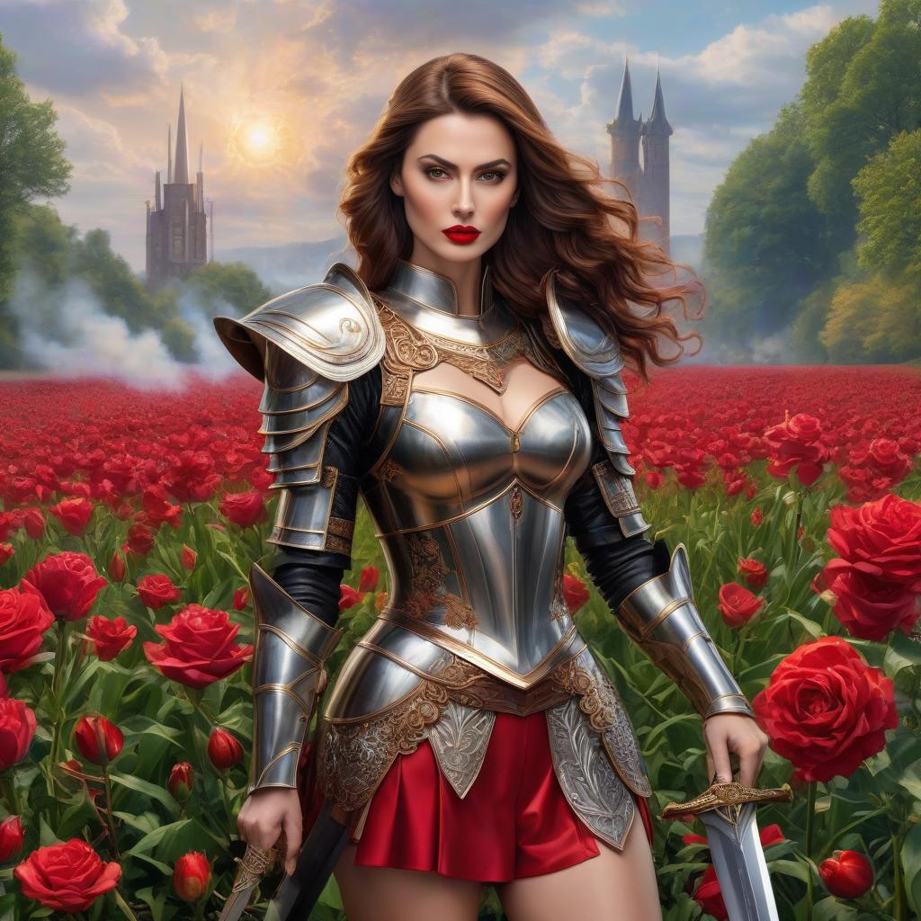  The with the brown hair. Тhe dress, the purse, the brown eyes. Shorts, , red lips. A in armor. Fire. The rigor of the lines. Power. The sword gives off electric shocks. Highly detailed, highly detailed, highly detailed image and all details. ((Sparkling rim)): spring field, hyacinths, roses, rosehips, rose hips, peonies, cherry tree, yellow, red, black flowers, forget me nots. Nature in the background, spring, delight. Luxury, richness. High quality. Swarovski, pandora. The Emerald Palace, the towers. Holobue sky. Golden spires, Gothic style. Fantasy, fairy tale. Poppy field in front of palace. Emerald stones, Green Alley.Luxury, wealth. spring field, hyacinths, roses, rosehips, rose hips, peonies, cherry tree, yellow, red hyperrealistic, full body, detailed clothing, highly detailed, cinematic lighting, stunningly beautiful, intricate, sharp focus, f/1. 8, 85mm, (centered image composition), (professionally color graded), ((bright soft diffused light)), volumetric fog, trending on instagram, trending on tumblr, HDR 4K, 8K