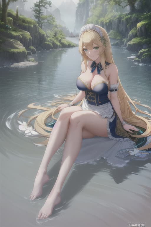  (score 9,score 8 up,score 7 up,),1girl,solo,maid,maid headdress,looking at viewer,outdoor,lake,apron,blonde hair,indoors,green eyes,bare foot,two feet in the water lotus flower sex stunny hyperrealistic, full body, detailed clothing, highly detailed, cinematic lighting, stunningly beautiful, intricate, sharp focus, f/1. 8, 85mm, (centered image composition), (professionally color graded), ((bright soft diffused light)), volumetric fog, trending on instagram, trending on tumblr, HDR 4K, 8K