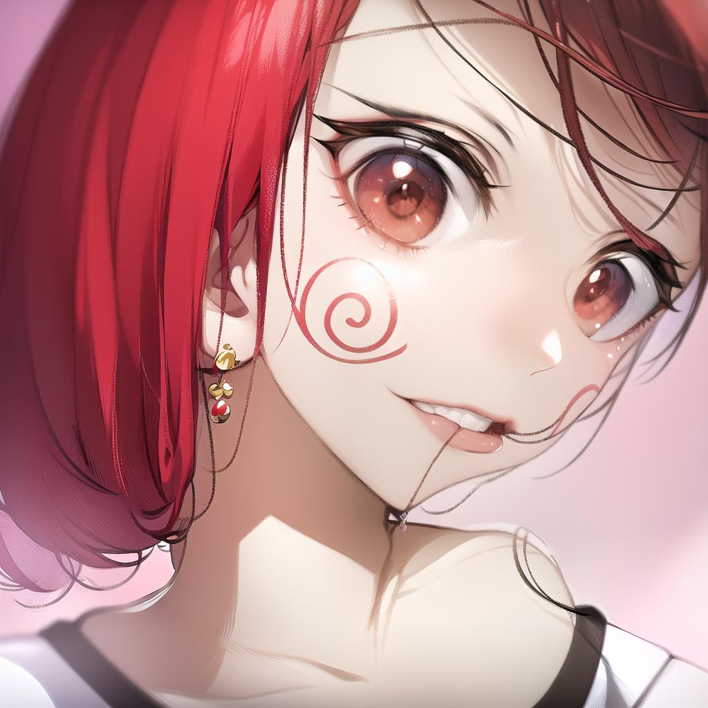  Swirled cheeks, red short hair, flower decoration on the left of the head, large red ribbon hair ornaments on the right of the head, dentures like Kiba, large eyes, cheerful, cute, pop clothes, (Masterpiece, BestQuality:1.3), (ultra detailed:1.2), (hyperrealistic:1.3), (RAW photo:1.2),High detail RAW color photo, professional photograph, (Photorealistic:1.4), (realistic:1.4), ,professional lighting, (japanese), beautiful face, (realistic face)