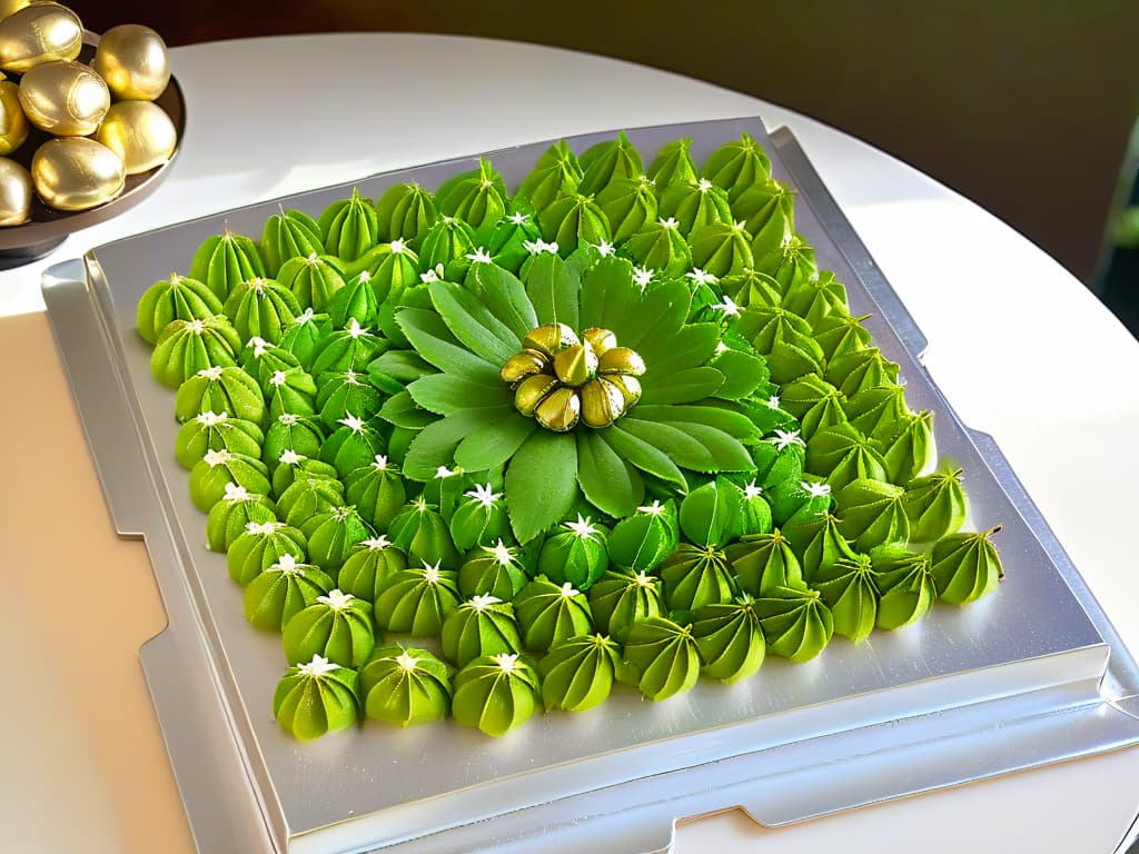  An intricately designed silver tray featuring an array of exquisitely crafted Ottoman sweets, each delicacy adorned with delicate edible silver leaf and garnished with vibrant green pistachios. The sweets are arranged in a symmetrical pattern, showcasing the artistry and precision of Ottoman confectioners. The background is a soft, neutral color to highlight the elegance and sophistication of the desserts. hyperrealistic, full body, detailed clothing, highly detailed, cinematic lighting, stunningly beautiful, intricate, sharp focus, f/1. 8, 85mm, (centered image composition), (professionally color graded), ((bright soft diffused light)), volumetric fog, trending on instagram, trending on tumblr, HDR 4K, 8K