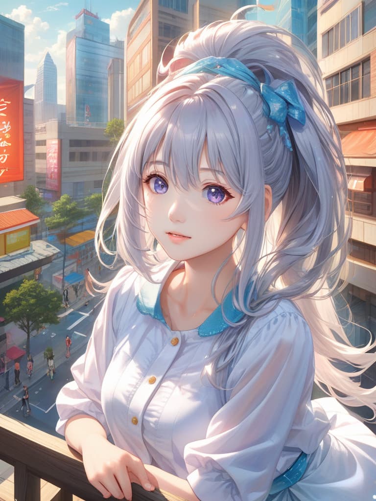  best quality,masterpiece,highres,beautiful eyes,detailed background,BREAK kawaii, cute,(1 woman, 1, solo:1.5),long hair, hair_ornament,silver hair, [happy],(puffy_sleeves, shirt, short_sleeves, jeggings),medium s,from above,BREAK summer,shiny,daytime in the city of cloud hyperrealistic, full body, detailed clothing, highly detailed, cinematic lighting, stunningly beautiful, intricate, sharp focus, f/1. 8, 85mm, (centered image composition), (professionally color graded), ((bright soft diffused light)), volumetric fog, trending on instagram, trending on tumblr, HDR 4K, 8K