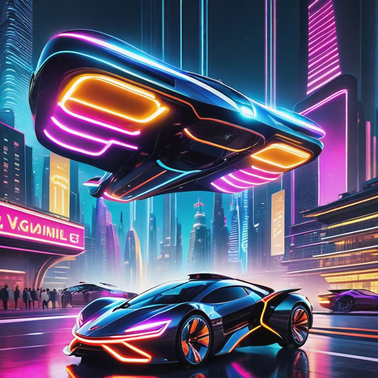 In this vivid neon-lit metropolis, sleek and aerodynamic flying cars seamlessly glide through the sky. Their vibrant neon lights create a hypnotic display against the pitch-black backdrop. These futuristic vehicles illuminate the night, leaving behind colorful trails of light as they soar gracefully between towering skyscrapers. The cars' metallic finishes glisten, reflecting the neon glow of the city below, giving them a cyberpunk aesthetic. Each vehicle is equipped with advanced technology, displaying holographic dashboard interfaces and emitting a low hum as they traverse the bustling cityscape. hyperrealistic, full body, detailed clothing, highly detailed, cinematic lighting, stunningly beautiful, intricate, sharp focus, f/1. 8, 85mm, (centered image composition), (professionally color graded), ((bright soft diffused light)), volumetric fog, trending on instagram, trending on tumblr, HDR 4K, 8K
