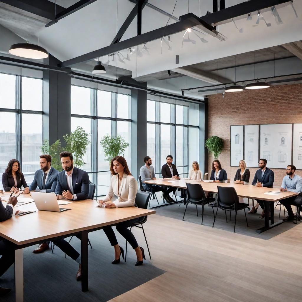  A salesman is presenting deck material and cable rail to a group of architects in a modern office setting. The office provides a classroom vibe. The scene includes glass front model buildings being observed by the audience. The salesman is actively engaged with the presentation, pointing to the materials, with architects listening attentively and taking notes. The room is well-lit, reflecting a professional atmosphere. hyperrealistic, full body, detailed clothing, highly detailed, cinematic lighting, stunningly beautiful, intricate, sharp focus, f/1. 8, 85mm, (centered image composition), (professionally color graded), ((bright soft diffused light)), volumetric fog, trending on instagram, trending on tumblr, HDR 4K, 8K