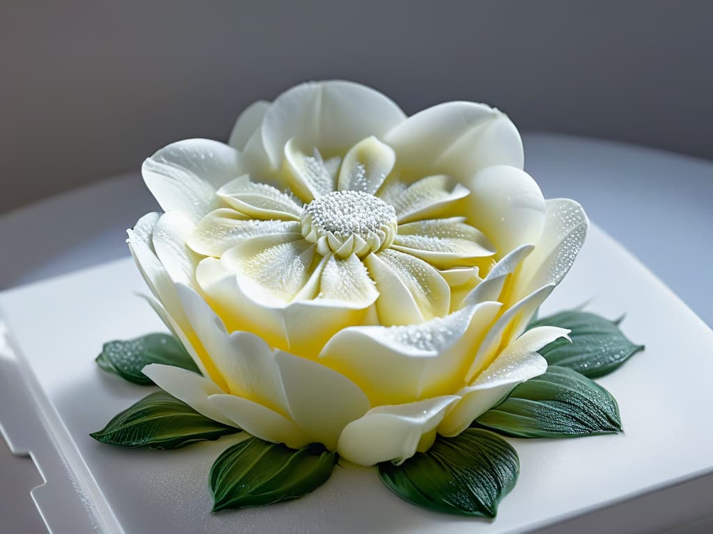  An ultradetailed closeup image of a delicate, intricately designed sugar flower being meticulously crafted by a skilled pastry chef's hands. The image captures the fine details of the petals, capturing the precise movements and expertise required in the art of pastry decoration. The soft lighting enhances the textures and colors, showcasing the beauty and craftsmanship involved in creating exquisite confectionery art. hyperrealistic, full body, detailed clothing, highly detailed, cinematic lighting, stunningly beautiful, intricate, sharp focus, f/1. 8, 85mm, (centered image composition), (professionally color graded), ((bright soft diffused light)), volumetric fog, trending on instagram, trending on tumblr, HDR 4K, 8K